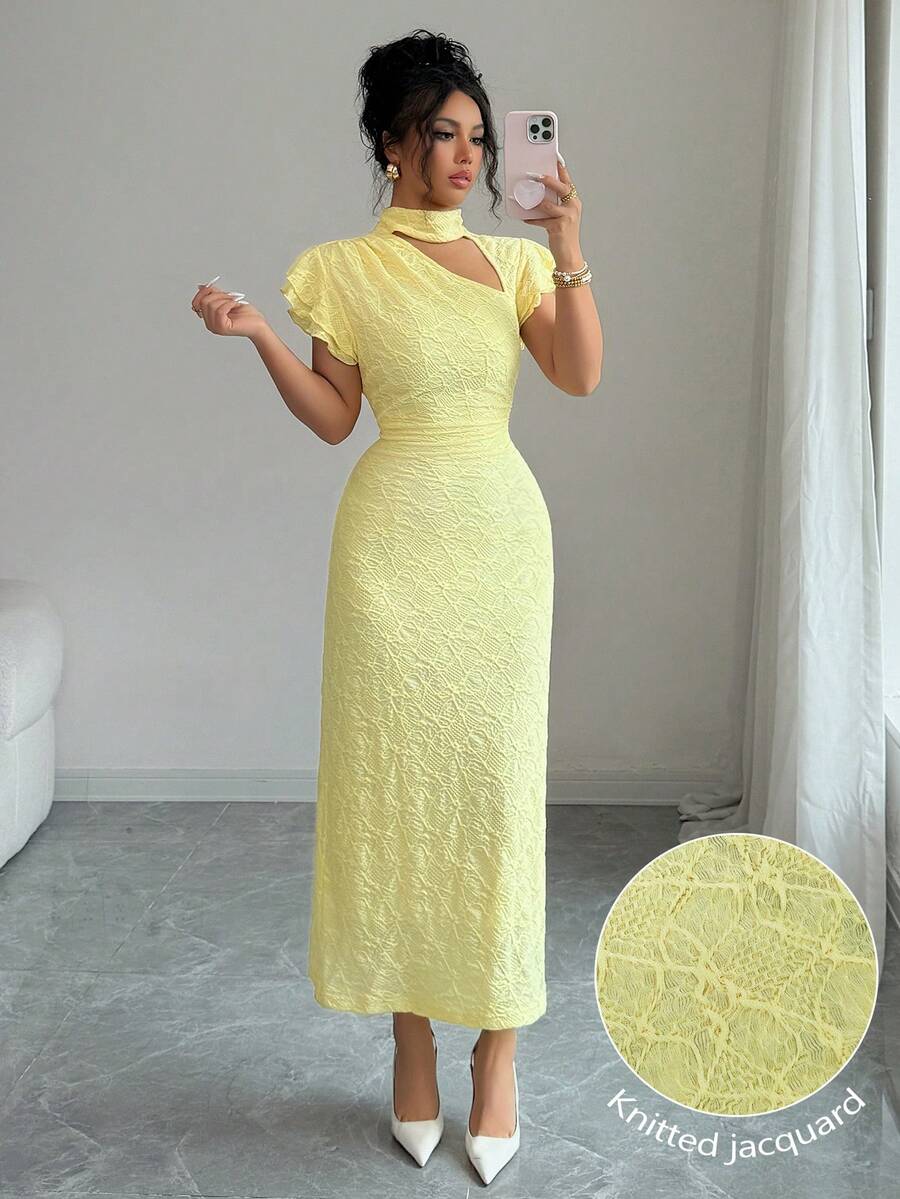 Modelyn Women's Elegant Jacquard Knit Wrap Dress, Hollow Collar Ruffle Sleeve, Suitable For Spring/Summer Parties, Gatherings And Dates - Yellow - View 1