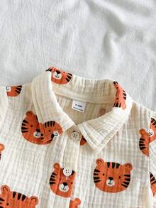 SHEIN Vintaside Kids Bộ 2 món áo thun ngắn tay và quần short cho bé trai sơ sinh và chập chững, màu trắng, họa tiết đầu hổ dễ thương, chất cotton, phong cách casual thoải mái mặc đi biển mùa hè - Màu vàng - Xem 7