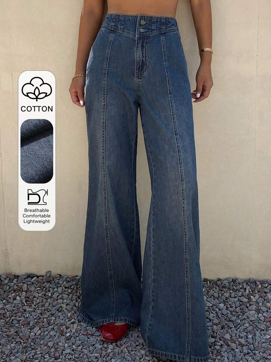 Livesso Blue Cotton Flared Jeans With Distressed Details, Waist Cinched, Suitable For Spring & Summer Vacation Outfits - Blue - View 1