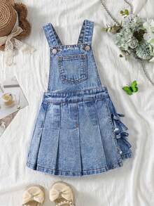 SHEIN Young Girls Denim Bib Pants And Jumpsuit New Casual Fashion Pleated Skort Design Sweet School Style Light Blue Denim Jumpsuit Shorts - Blue - View 3