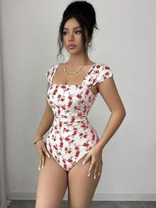 Elenzga Áo liền thân nữ cổ vuông tay ngắn họa tiết hoa, dáng chữ A, xếp ly eo, hàng mới về, thanh lịch cho hẹn hò, du lịch, giúp tôn dáng. - Đỏ - Xem 6