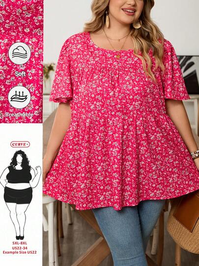 SHEIN CURVE+ Plus Size Women's Ditsy Floral Round Neck Short Sleeve Casual Shirt,Summer Outfits For Women,Vacation Outfits For Women,Holiday Outfits Boho,Autumn,Fall Women's Clothes,Fall Clothes,Teacher Outfits For Women