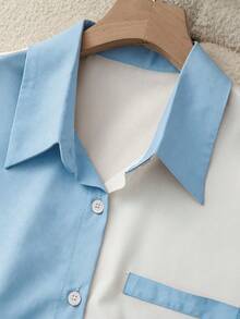GlowEve Women's Elegant Color Block Short Sleeve Blouse, Summer - Baby Blue - View 3