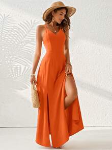 Vivid Eden Holiday Style Burnt Orange High Split Women's Maxi Dress Country Concert Holiday Vacation Outfit Summer Elegant Topical,Dresses For Women Summer - Burnt Orange - View 4
