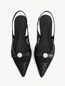 CUCCOO CHICEST 女士黑色网面珍珠蝴蝶结后跟镂空平底尖头通勤鞋 - 黑色 - 查看 1