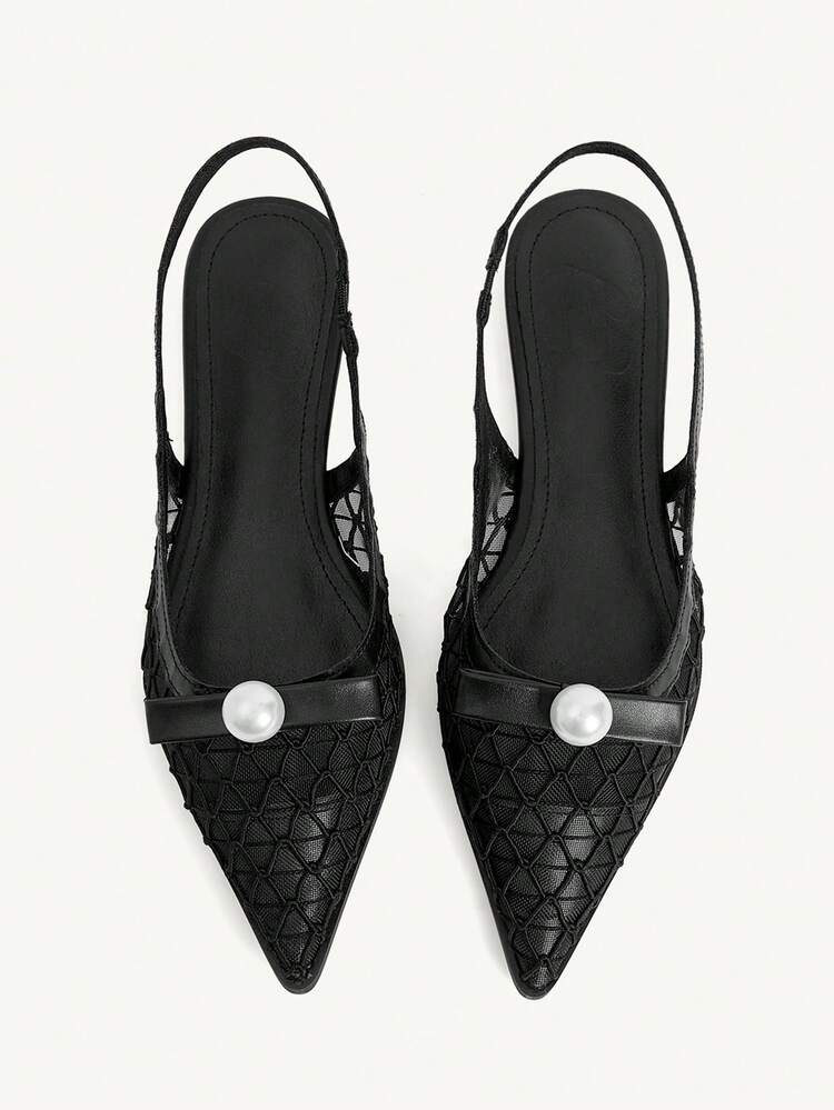 CUCCOO CHICEST Women Shoes Black Mesh Pearl Bow Back Empty Flats Pointed Temperament Commuter Shoes