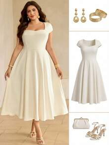 Roveilla Plus Size Women's White Summer 70's Elegant Party Formal Square Neck V-Neck Waist Gathered Flared Hem Short Sleeve Apricot Mid-Length Dress - Apricot - View 1