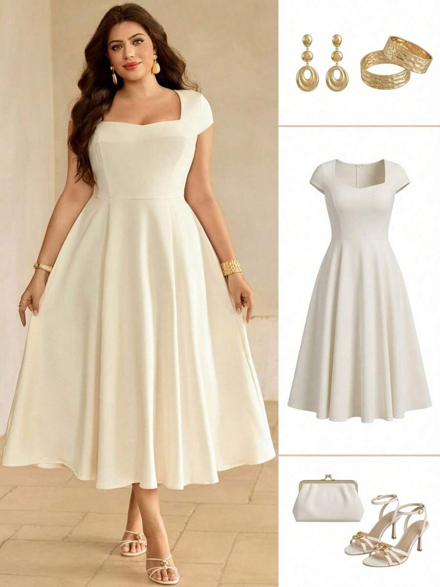 Roveilla Plus Size Women's White Summer 70's Elegant Party Formal Square Neck V-Neck Waist Gathered Flared Hem Short Sleeve Apricot Mid-Length Dress - Apricot - View 1