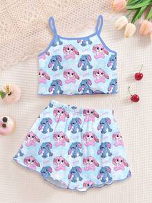 Light Blue,Summer,Cute,Sleep Tween Girl Cartoon Rabbit Lulu & Stitch Pattern Tie-Dye Camisole Top And Shorts Pajama Set,Casual Minimalist Kids Wear - Multicolor - View 3