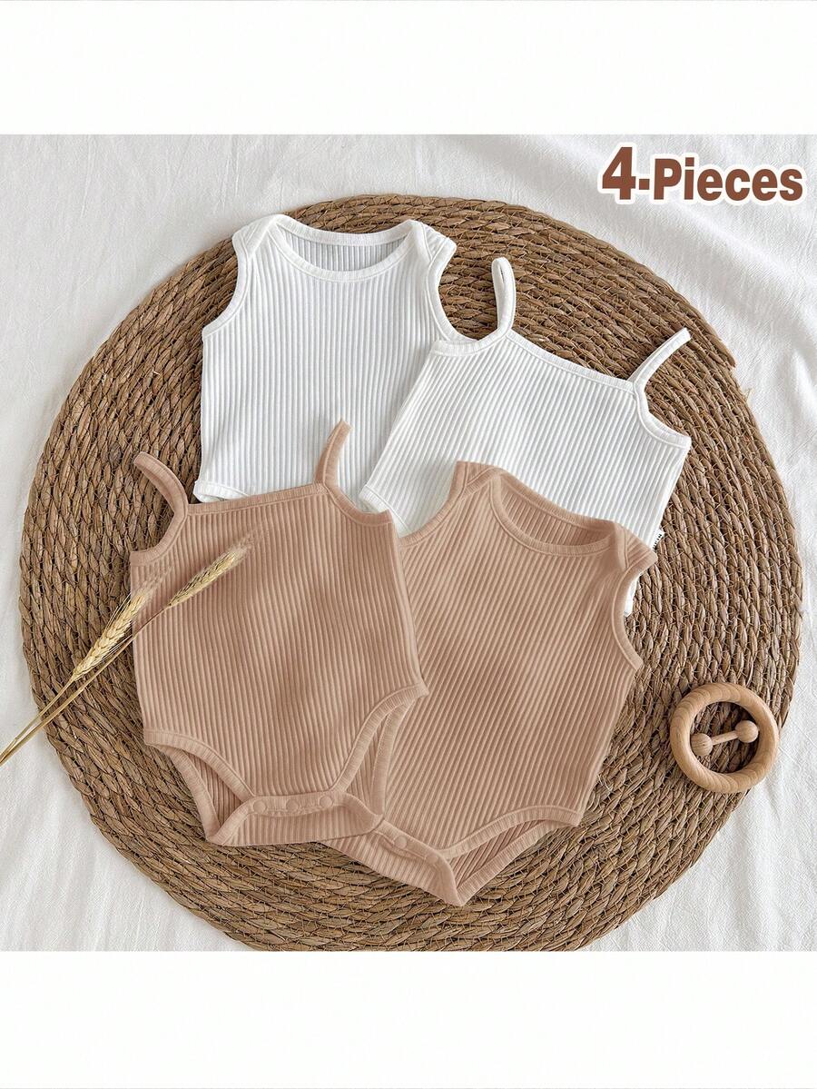 Loomiva 4pcs Newborn Baby Girl Solid Color Soft Knit Sleeveless Romper Set - Multicolor - View 1