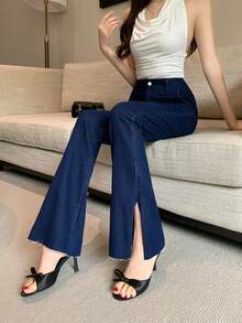 Livesso Women's Slim Fit Blue Cotton Solid Color Flare Jeans, Spring & Summer - Blue - View 6