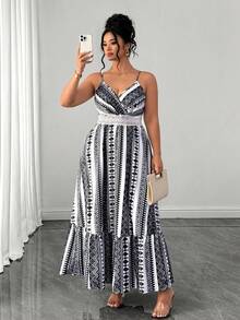 SHEIN Clasi Plus Size Spaghetti Strap Ruffle Hem Long Brown Dress Gym Summer - Black and White - View 5