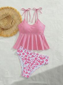 Swim Vcay 女士优雅休闲度假浪漫条纹印花U领挂脖式喇叭腰身泳衣上装，搭配印花常规泳裤，两件套泳衣，修身剪裁，适合海滩、春秋度假、音乐节等场合。 - 彩色 - 查看 6