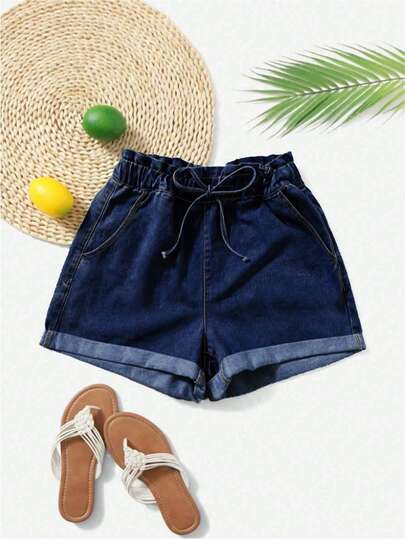 SHEIN Holidaya Pantalones cortos vaqueros de talla grande para mujer con cintura con cordón y bolsillos, versátiles para uso diario