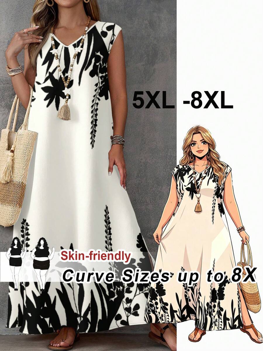 SHEIN CURVE+ Plus Size Women Floral Print V-Neck Casual Dress