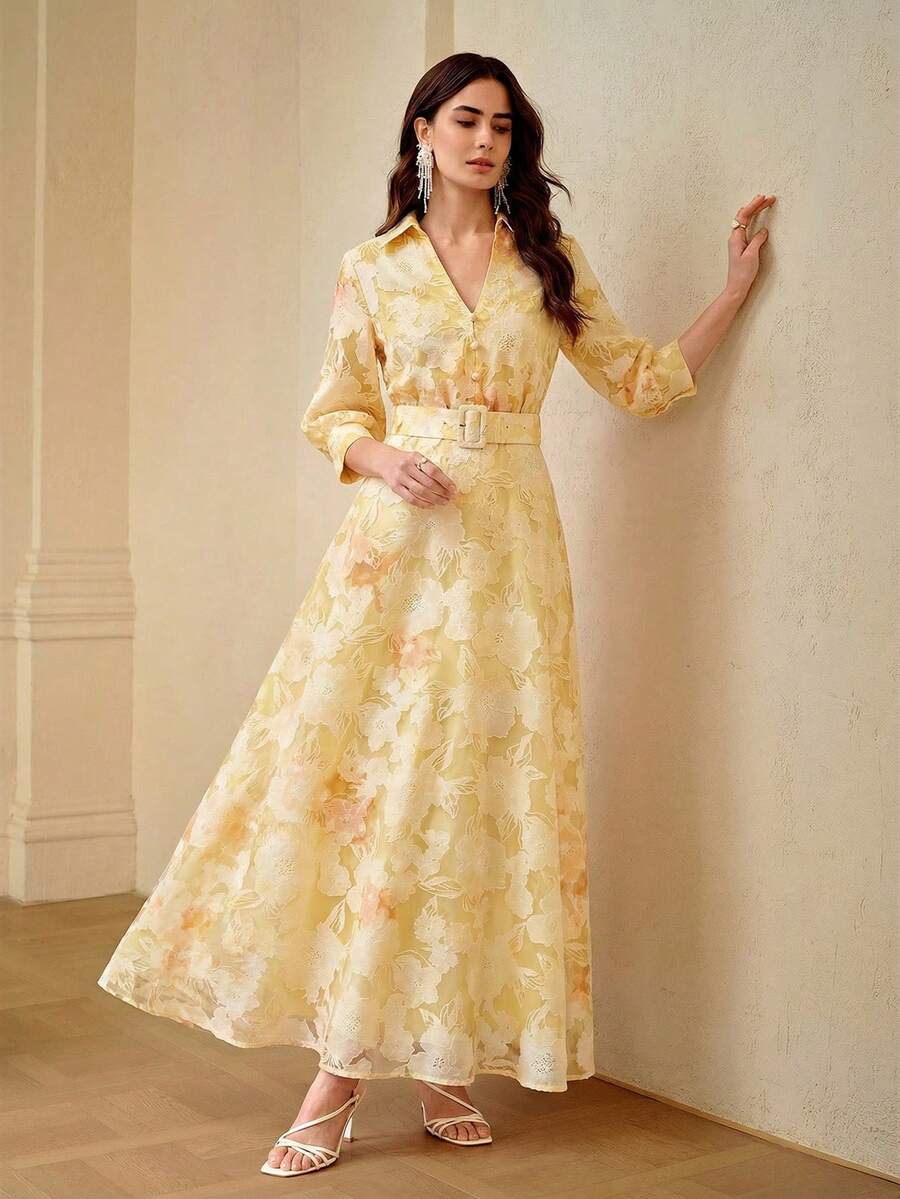 ZEYLAH Gaun Panjang Berkerah dengan Pinggang Ramping Jacquard, Elegan untuk Musim Semi/Panas - Kuning - View 1