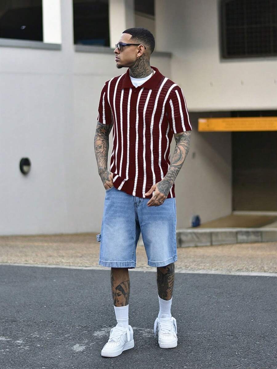 Devon Thys Men's Colorful Hollow-Out Knitted Cardigan, Fashionable For Summer - Burgundy - View 1