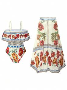 Swim Oasis Set da 2 pezzi, taglia comoda, novità primavera/estate 2026, costume da bagno e gonna coordinati, stampa floreale vintage, elegante, con spalle scoperte e spalline rimovibili, adatto per vacanze al mare - Multicolore - Visualizzare 2