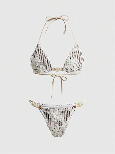 ROMWE Avant Bộ bikini hai mảnh gợi cảm hở lưng, cổ yếm, chất liệu ren hoa đặc biệt, đính hạt cườm, dành cho nữ, thích hợp cho kỳ nghỉ hè 2026.