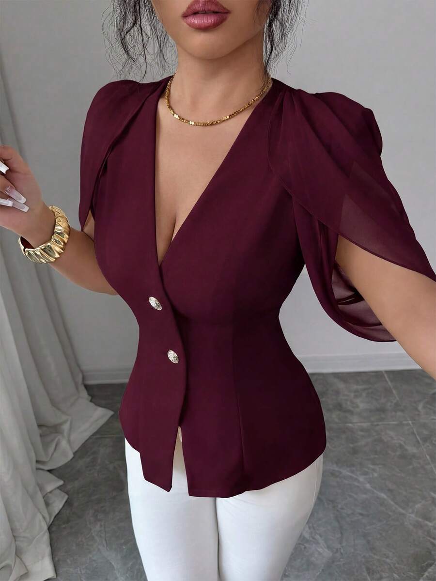 SHEIN Elenzya 女士优雅浪漫修身西装外套,V领设计,褶裥收腰 - 酒紅色 - 查看 1
