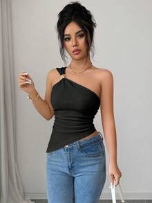Rafferiza Blusa elegante y sexy de mujer con cuello halter sin mangas, con decoración metálica, tela texturizada, recogido en la cintura, adecuada para salidas, citas, vacaciones - Negro - Ver 5