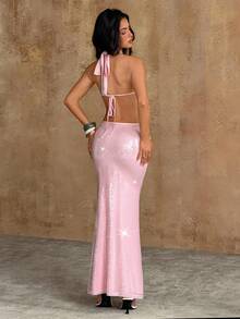 Bluhae Đầm hai dây cổ chữ V đính sequin thanh lịch, tinh tế, lãng mạn và gợi cảm dành cho nữ dự tiệc. - Hồng - Xem 2