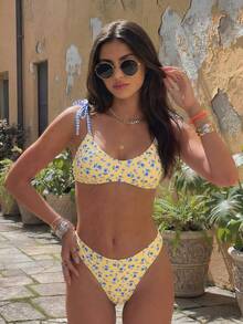 Swim Mod بيكيني بقطعتين مع أشرطة قابلة للتعديل، طبعة زهور صغيرة استوائية، للنساء، للشاطئ والحفلات العادية - متعدد الألوان - مشاهدة 6