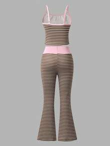 2pcs/Set Tween Girls Squishy Striped Pink Camisole Top + Striped Skinny Flare Pants Summer Outfit - Multicolor - View 2