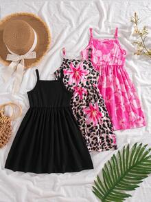 SHEIN Conjunto de 3 peças para meninas: vestido de alças finas, vestido sem mangas com estampa floral xadrez e elástico, vestido casual com estampa por toda a peça, decote nas costas e alças finas, com elasticidade média, ideal para férias de verão e festas. - Multicolorido - Ver 2