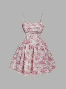 SHEIN MOD Plus Size Women Floral Print Ruffle Fashion Date Party Slip Dress - Red Violet - View 1