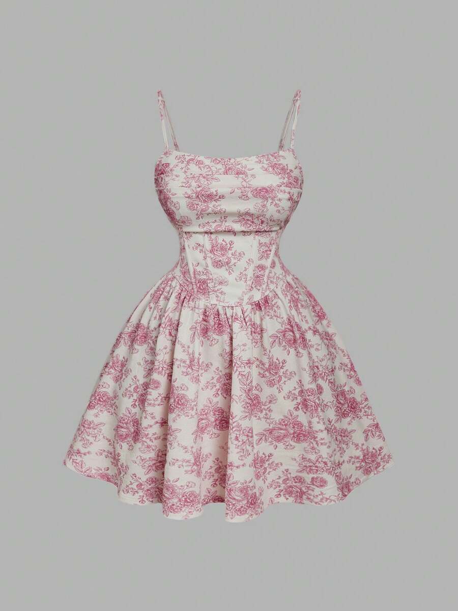 SHEIN MOD Plus Size Women Floral Print Ruffle Fashion Date Party Slip Dress - Red Violet - View 1
