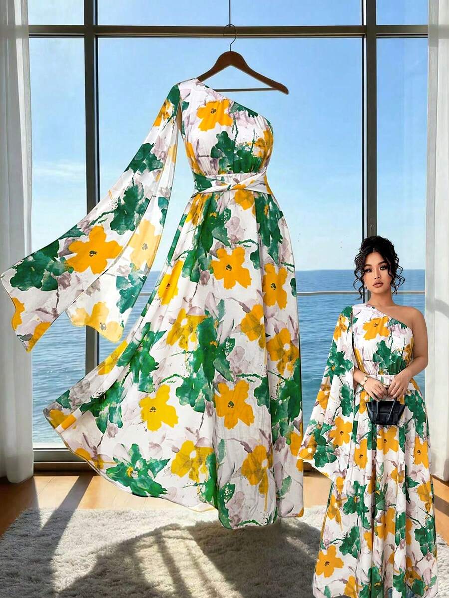Elenzga Đầm maxi cỡ lớn không tay, dáng bất đối xứng, thắt eo, vạt không đều và họa tiết hoa nhuộm tie-dye, thanh lịch và sang trọng cho kỳ nghỉ xuân/hè. - màu xanh lá - Xem 1