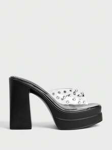 Sugerpunk Giày sandal cao gót hở mũi thời trang và gợi cảm dành cho nữ, phong cách punk gothic thanh lịch, đính đinh tán trong suốt, đế dày chống thấm nước, gót chunky, giày slip-on mùa xuân/hè dành cho các bữa tiệc hộp đêm/lễ hội. - màu đen - Xem 1