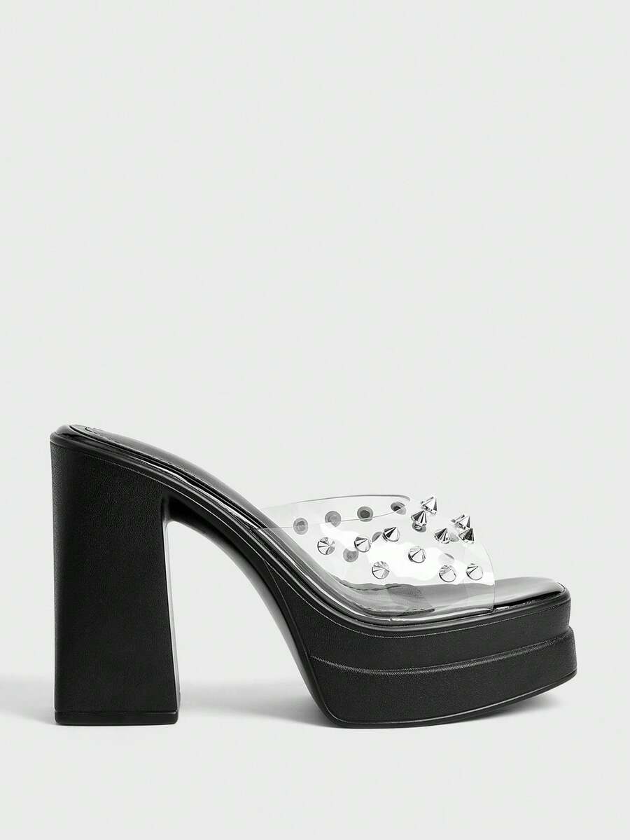 Sugerpunk Giày sandal cao gót hở mũi thời trang và gợi cảm dành cho nữ, phong cách punk gothic thanh lịch, đính đinh tán trong suốt, đế dày chống thấm nước, gót chunky, giày slip-on mùa xuân/hè dành cho các bữa tiệc hộp đêm/lễ hội. - màu đen - Xem 1