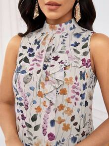 SHEIN Lady Áo kiểu nữ thanh lịch không tay, họa tiết hoa, viền bèo nhún, thích hợp cho mùa hè. - Nhiều màu - Xem 3