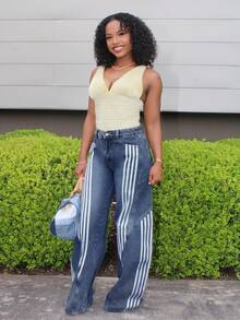 Steph T 女式撞色条纹喇叭牛仔裤 - 藍色 - 查看 6