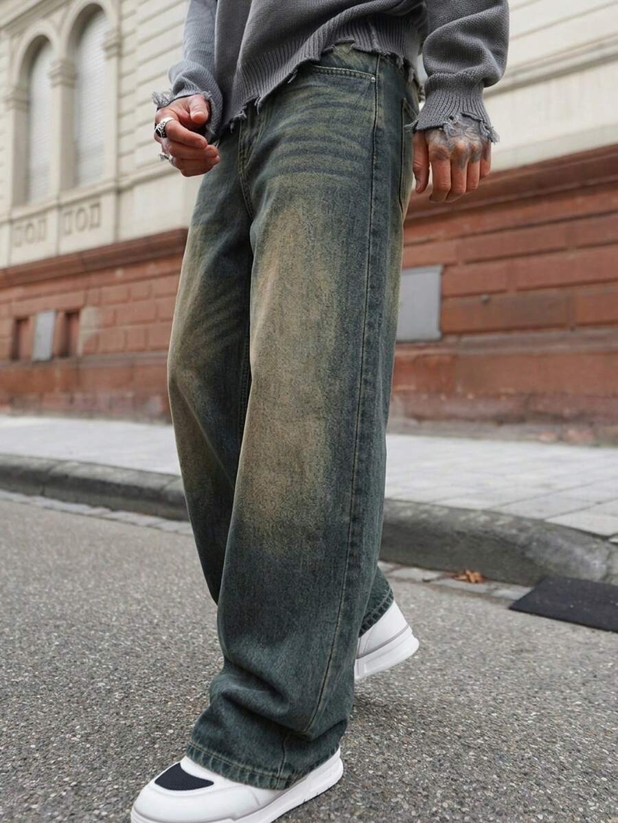 Artur Kramer 1件男士时尚宽松复古水洗阔腿休闲牛仔裤(不含腰带或配饰) - 銅色 - 查看 1