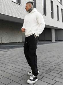 Artur Kramer 男士纯色落肩长袖抽绳口袋涤纶休闲连帽衫，适合秋冬季和返校季 | 推荐叠穿 | 轻便易携，适合日常穿着和旅行 - 白色 - 查看 5