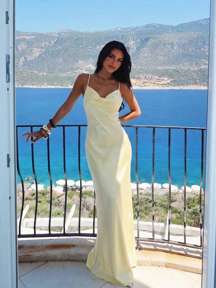 Aloruh Vestido de mujer de unicolor con escote en V profundo, espalda descubierta y tirantes finos sexy - Amarillo - Añade 2