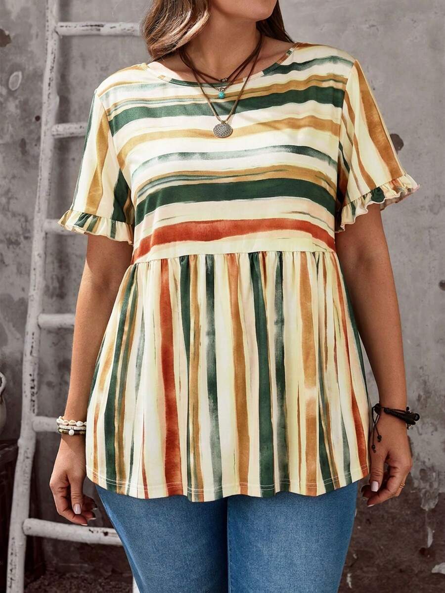 EMERY ROSE Blouse à manches courtes et volantées, col rond, rayures colorées, pour femmes grandes tailles, décontractée et idéale pour les vacances - Nude - Voir 1