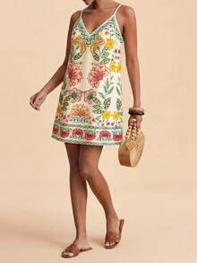 SHEIN TRVLCHIC Spring/Summer Vacation Chiffon Printed Spaghetti Strap Mini Dress For Women - Multicolor - View 6