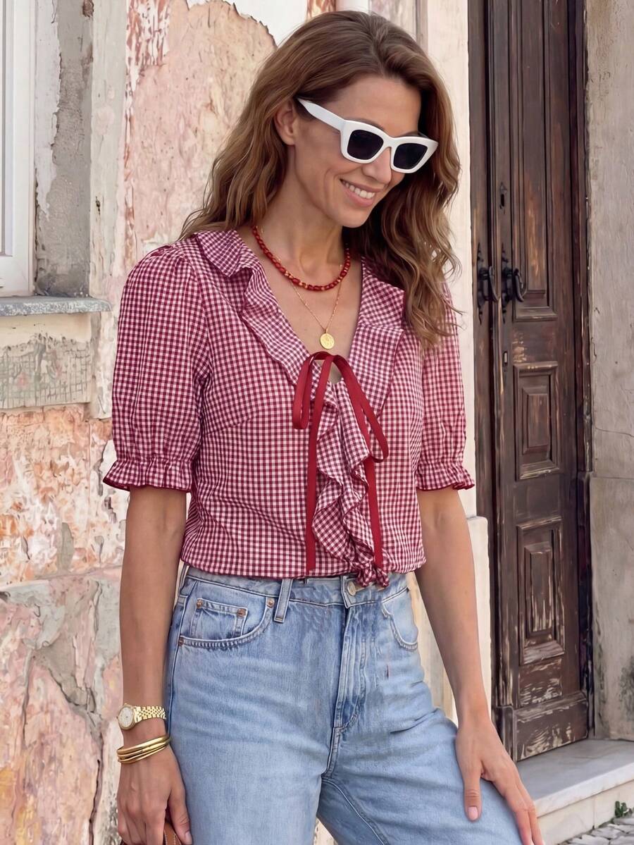 Solivie Women's Fashionable Plaid Print Short Sleeve Shirt, Summer - Red and White - View 1