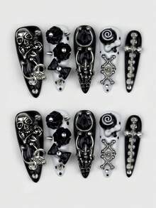ROMWE Bộ 10 món đồ trang trí móng tay phong cách Gothic Dark Punk, gồm móng vuốt hình đầu lâu, đinh tán, nơ, miếng dán móng giả và một miếng băng dính hai mặt. - màu đen - Xem 1