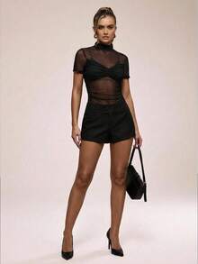SHEIN Tall CURVE Plus Size Women Solid Color Button Casual Versatile Daily Wear Shorts - Black - View 5