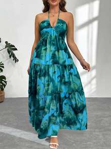 Firerie Plus Size Casual Vacation Floral Print Halter Neck Dress - Green - View 6