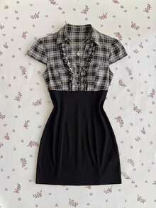 Elamini Women's Casual Commuting School Style Plaid Patchwork V-Neck Ruffle Hem Dress - Black - View 4