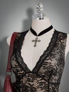 SHEIN ICON 大码性感V领蕾丝无袖迷你连衣裙，复古Y2K哥特甜美连衣裙，优雅连衣裙 - 黑色 - 查看 6