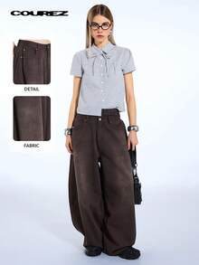 COUREZ Quần jeans ống rộng cạp thấp dáng phồng màu nâu denim/kiểu Y2K mùa hè cho nữ, quần jeans xanh mùa hè cho nữ, quần jeans oversized cho lễ hội, buổi hòa nhạc, mùa xuân cho nữ. - màu nâu - Xem 3