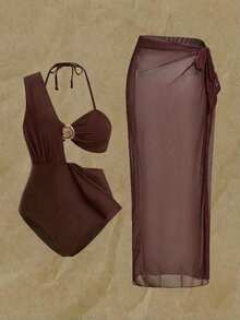 Swim Chiccia Plus Size 3 PiecesElegant Brown Metal Buckle Decorated One-Piece Swimsuit, Can Be Worn Separately With Outfits, Suitable For Party And Holiday - Brown - View 12