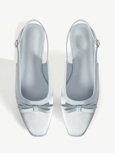 CUCCOO CHICEST Giày nữ màu xanh nhạt bằng satin, thiết kế nơ sau lưng và khóa cài đơn giản, kiểu sandal đế bằng dự tiệc.